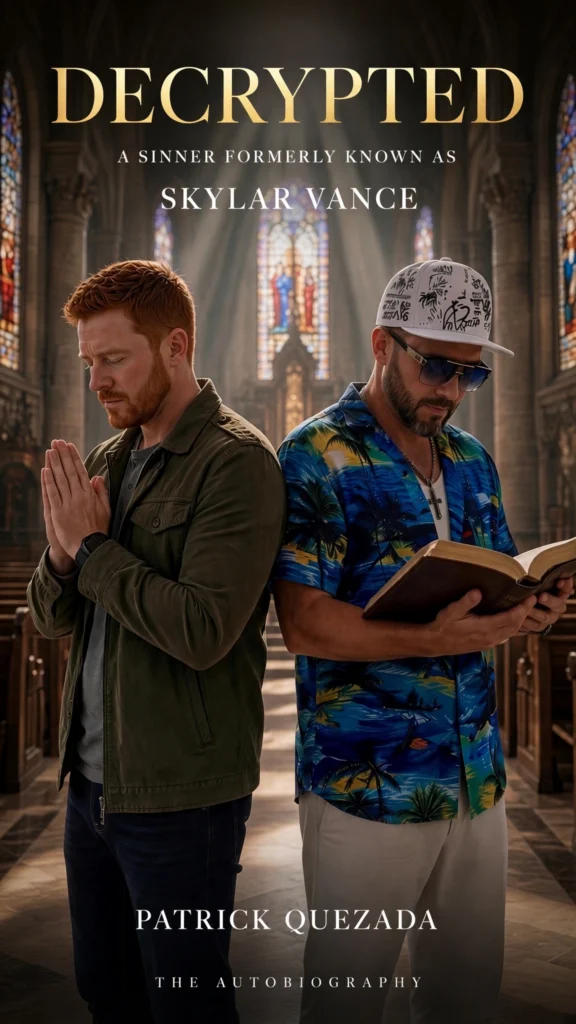Decrypted book cover — Patrick Quezada and Skylar Vance back-to-back in a cathedral